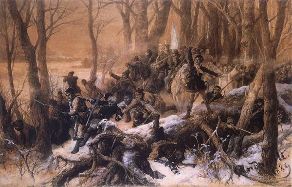 „Sukilėlių mūšis“, dail. Mykolas Elvyras Andriolis, 1889 m.